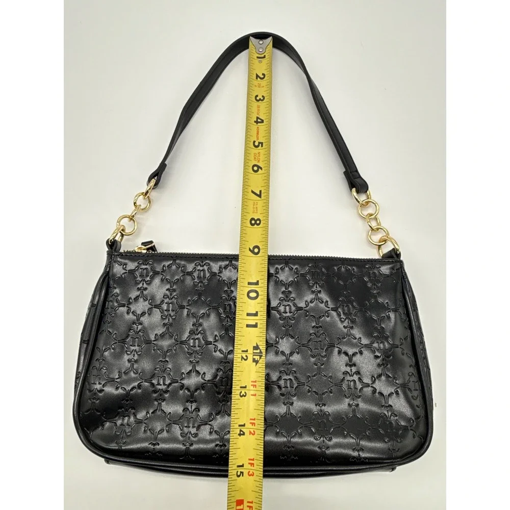 Nanette Lepore Black Embossed Logo Shoulder Bag Gold Chain Baguette Purse